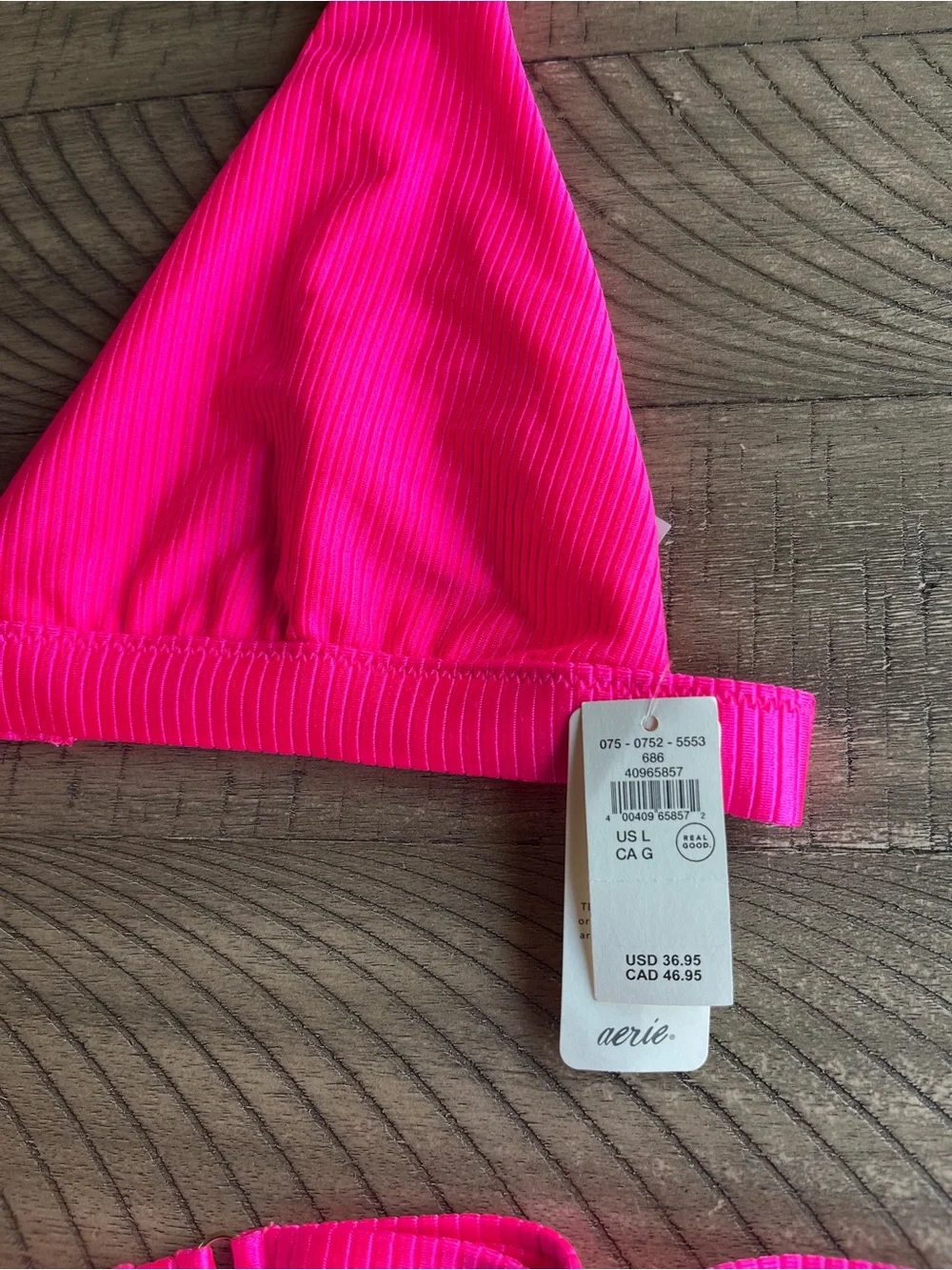 NWT Aerie Ribbed Bikini Triangle Top Cheekiest Tie Side Bottoms Large Hot Pink